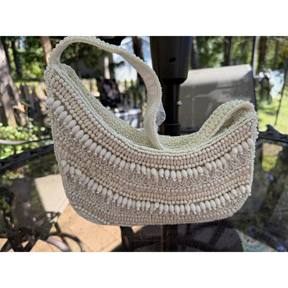 Ivory Beaded Crescent Top Handle Bag Zip Closure Lined Handmade India Small